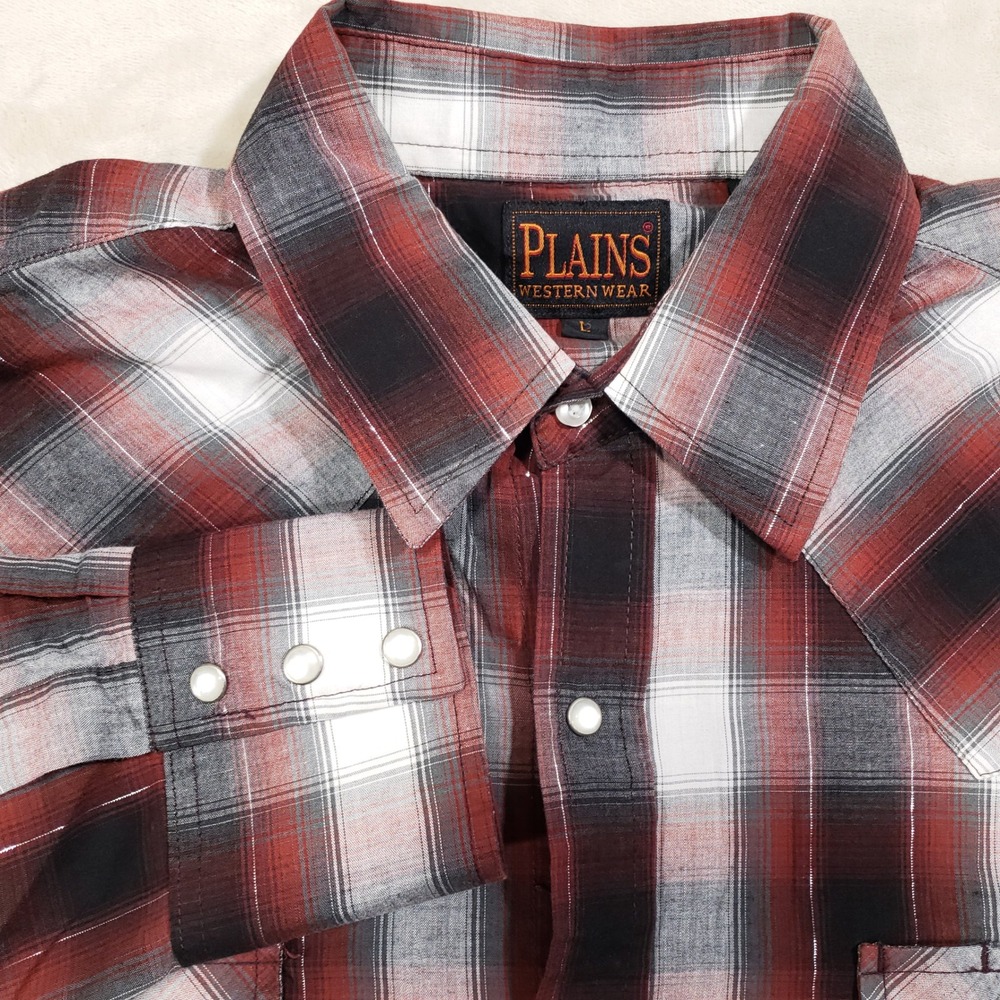 Plains Western Wear Pearl Snap Shirt Mens Large Red Gray Plaid Silver Thread